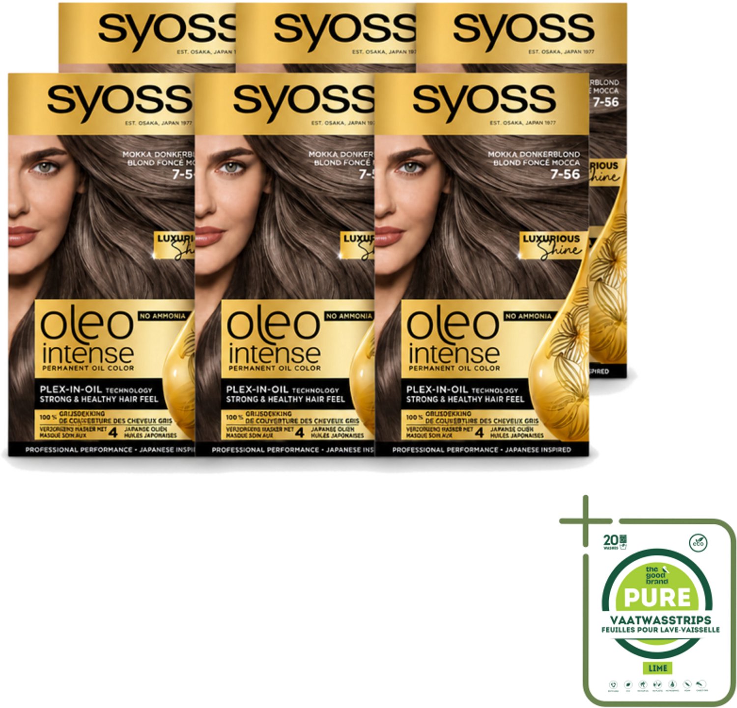 6 x SYOSS - Oleo Intense 7-56 Mokka Donkerblond - Haarverf - Zonder Ammoniak - Grijsdekking - Langdurige Kleur - Grootverpakking - Vaatwasstrips - Haarkleuring - Permanente Haarkleuring - Zonder Ammoniak - Olijfkleur - Grijsdekking