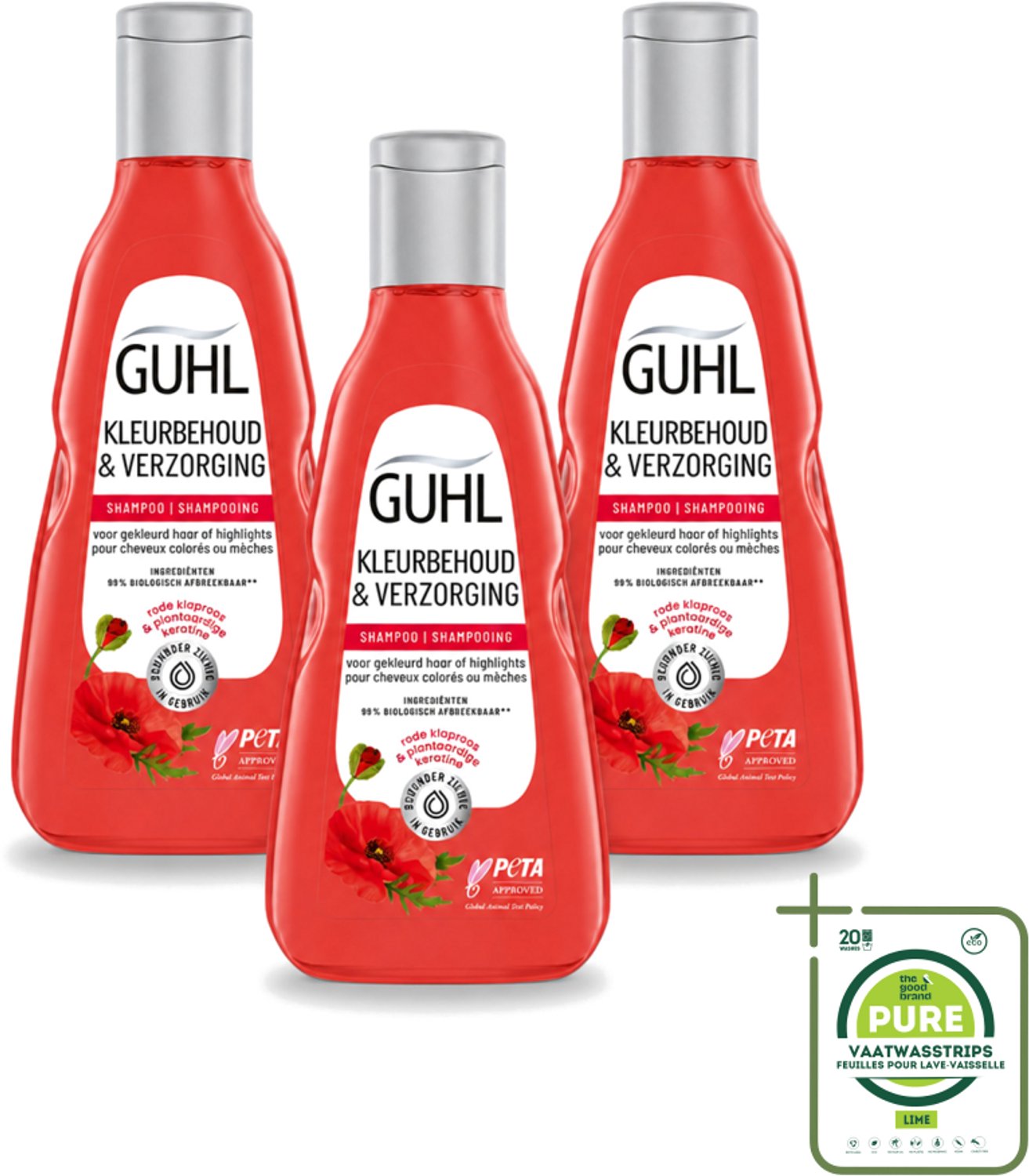 3 x Guhl - Shampoo - Kleurbehoud & Verzorging - 250 ml - Grootverpakking - Vaatwasstrips - Kleurbehoud Haar - Gekleurd Haar Verzorging - Haar Verzorging - Haar Glans - Haar Verzorging