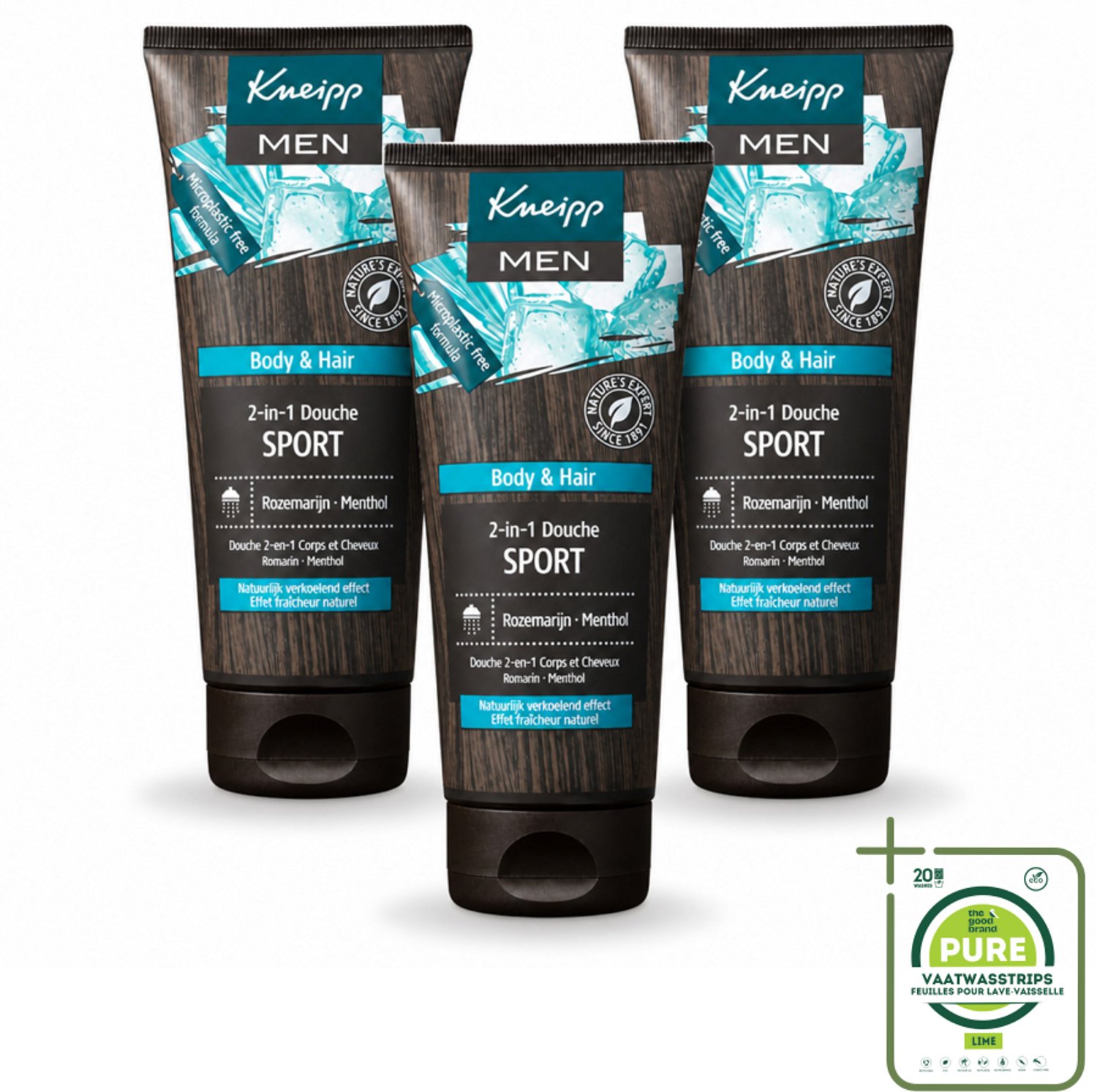 3 x Kneipp - Sport Douche 2‑in‑1 - Men - 200 ml - Grootverpakking - Vaatwasstrips - Sportdouche - Herstel Na Sporten - Verkoeling - Ontspanning - Menthol