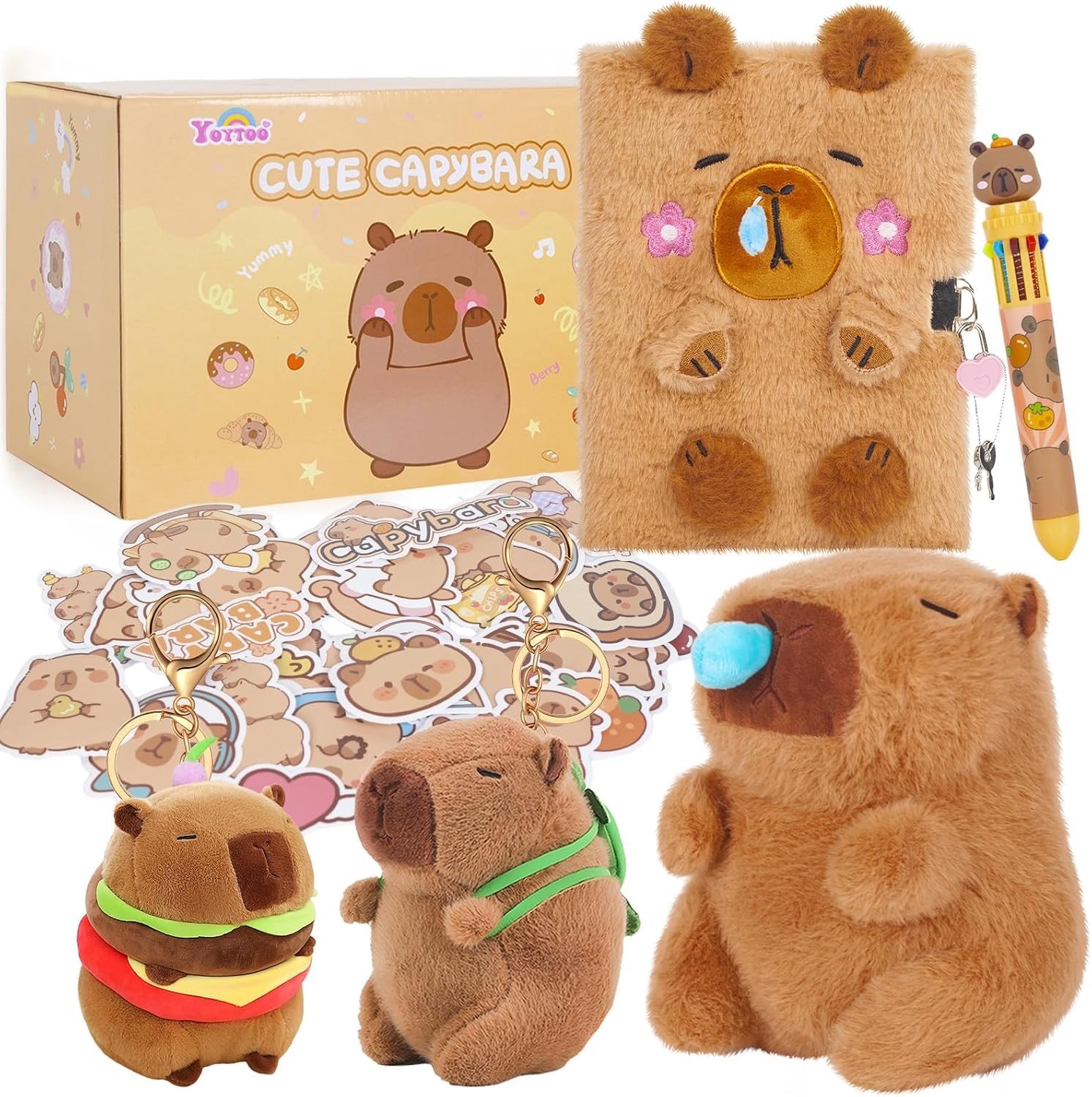 Schattige Capybara Set voor Meisjes van 5-12 Jaar, Pluche Speelgoed met Slotdagboek, Balpen, Sleutelhangers en Stickers voor Verjaardag of Kerstmis