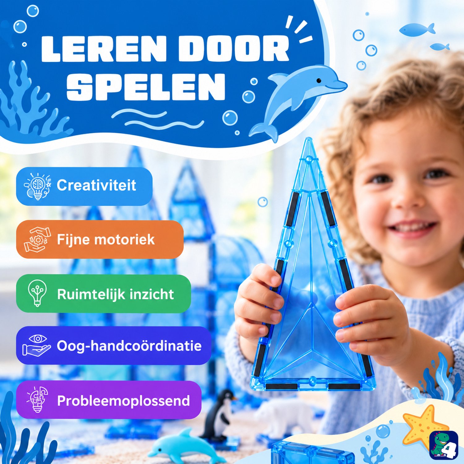 Fits4Kids® Magnetic Tiles 56 Stuks - Magnetische Bouwtegels - STEM Speelgoed voor Creatief Bouwen - Magnetisch Speelgoed - Magna Bouwstenen - Frozen Constructions - 3 4 5 6 7 8 9 Jaar — afbeelding 7