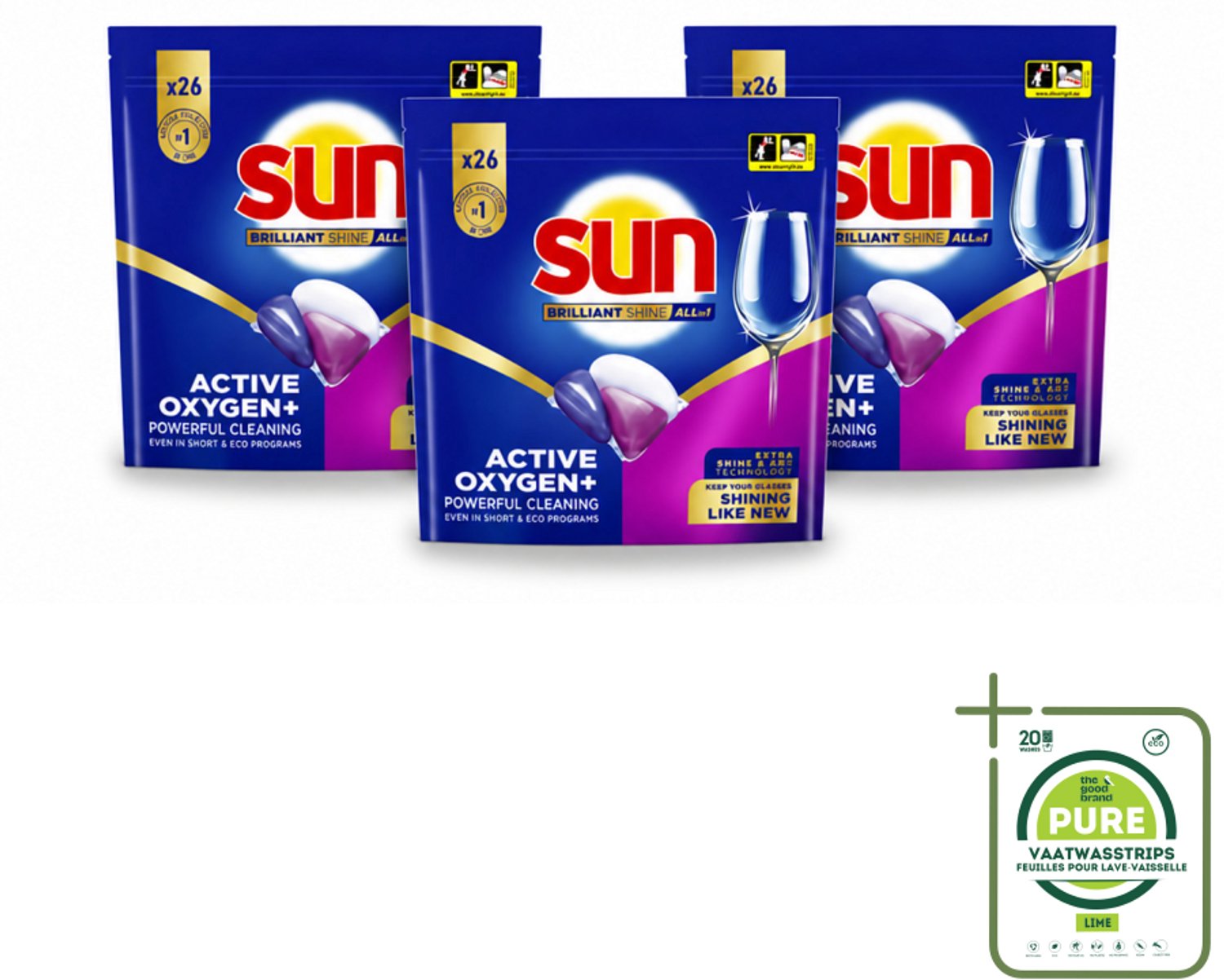 3 x Sun - Vaatwascapsules - Brilliant Shine All-in-1 - 26 capsules - Grootverpakking - Vaatwasstrips - Vaatwasmiddel - Vaatwascapsule - Glans - Reiniging - Anti-kalk