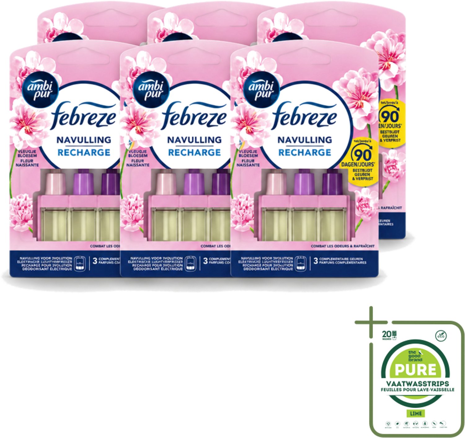 6 x Ambi Pur - 3Volution - Navulling - Vleugje Bloesem - 20 ml - Grootverpakking - Vaatwasstrips - Geurverspreider - Frisheid - Bloesem - Geur - Geurwisseling