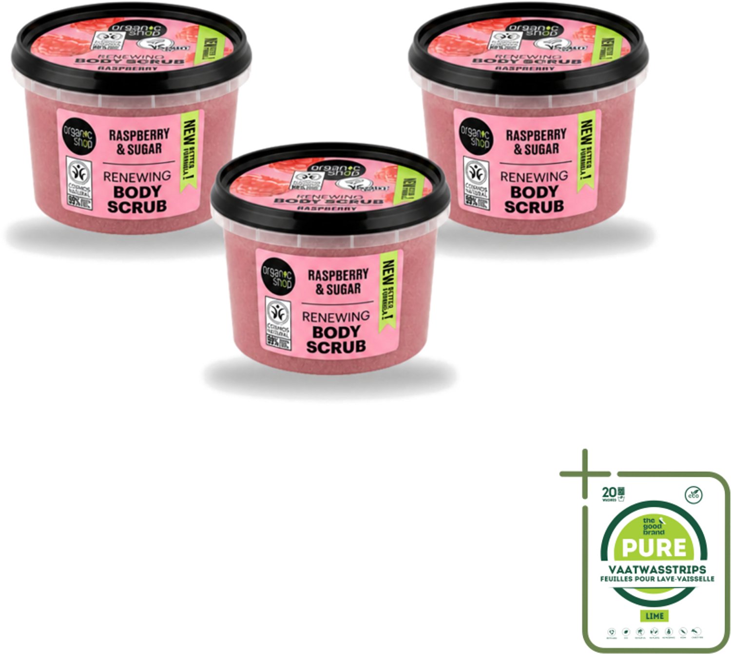 3 x Organic Shop - Organic Raspberry & Sugar Body Scrub - Verfrissend en Peeling - 250 ml - Grootverpakking - Vaatwasstrips - Biologische Bodyscrub - Framboos Scrub - Natuurlijke Exfoliatie - Huidverzorging - Huidpeeling