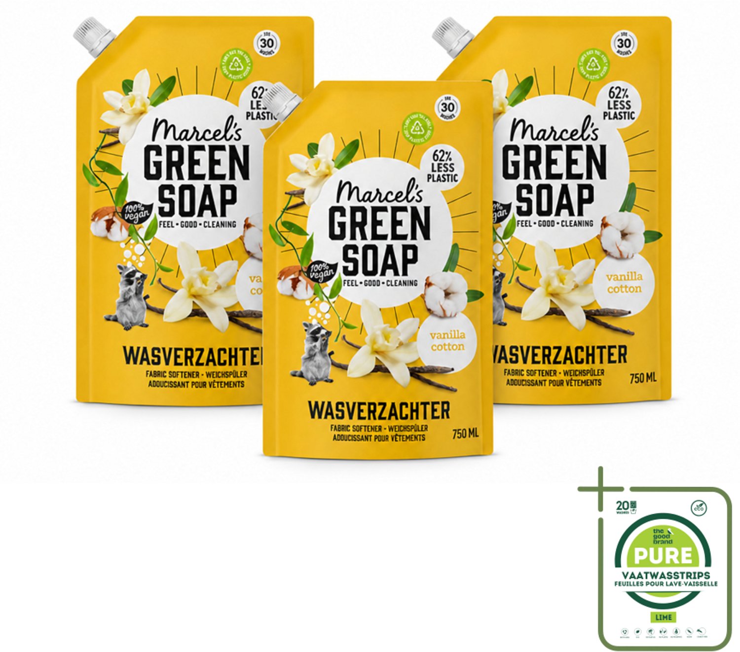 3 x Marcel's Green Soap - Wasverzachter - Navulling - Katoen & Vanille - Zachte frisheid- 30 Wasbeurten - 750 ml - Grootverpakking - Vaatwasstrips - Wasverzachter - Wasgoed Zachter Maken - Katoen Geur - Vanille Geur - Milieuvriendelijk Wasgoed