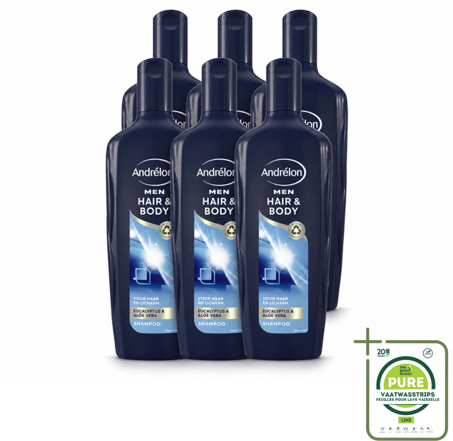 6 x Andrélon - Men - Hair & Body - Shampoo - 300 ml - Grootverpakking - Vaatwasstrips - Haar En Lichaam Verzorgen - Mannelijke Haar En Lichaam Verzorging - Eucalyptus En Aloë Vera - 2-in-1 Shampoo En Bodywash - Hydraatende Shampoo