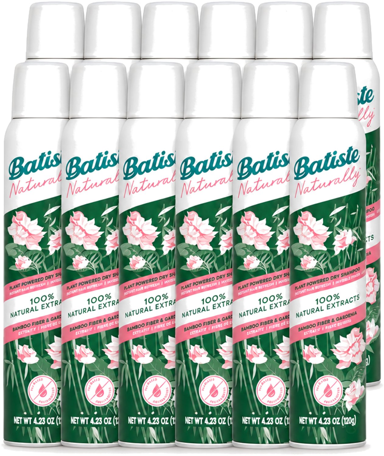 12 x Batiste - Naturally Bamboo Fibre & Gardenia - Droogshampoo - Versterkt en Verfrist - 100% Natuurlijk - 200ml - Voordeelverpakking - 12 stuks