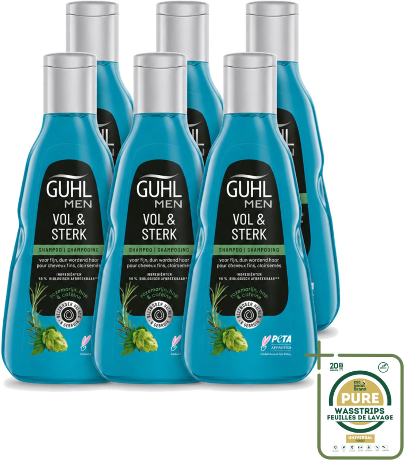6 x Guhl - Shampoo - Men Vol & Sterk - 250 ml - Wasstrips - Mannen Haar - Krachtig Haar - Volume Haar - Sterk Haar - Fijn Haar