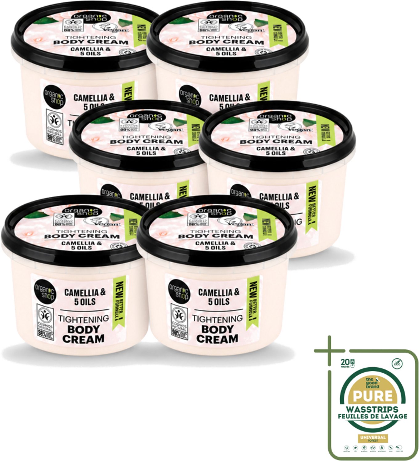 6 x Organic Shop - Organic Camellia & 5 Oils Body Cream - Verzachtend en Hydraterend - 250 ml - Wasstrips - Huidverzorging - Hydraterende Crème - Verzachtende Crème - Droge Huid - Natuurlijke Crème