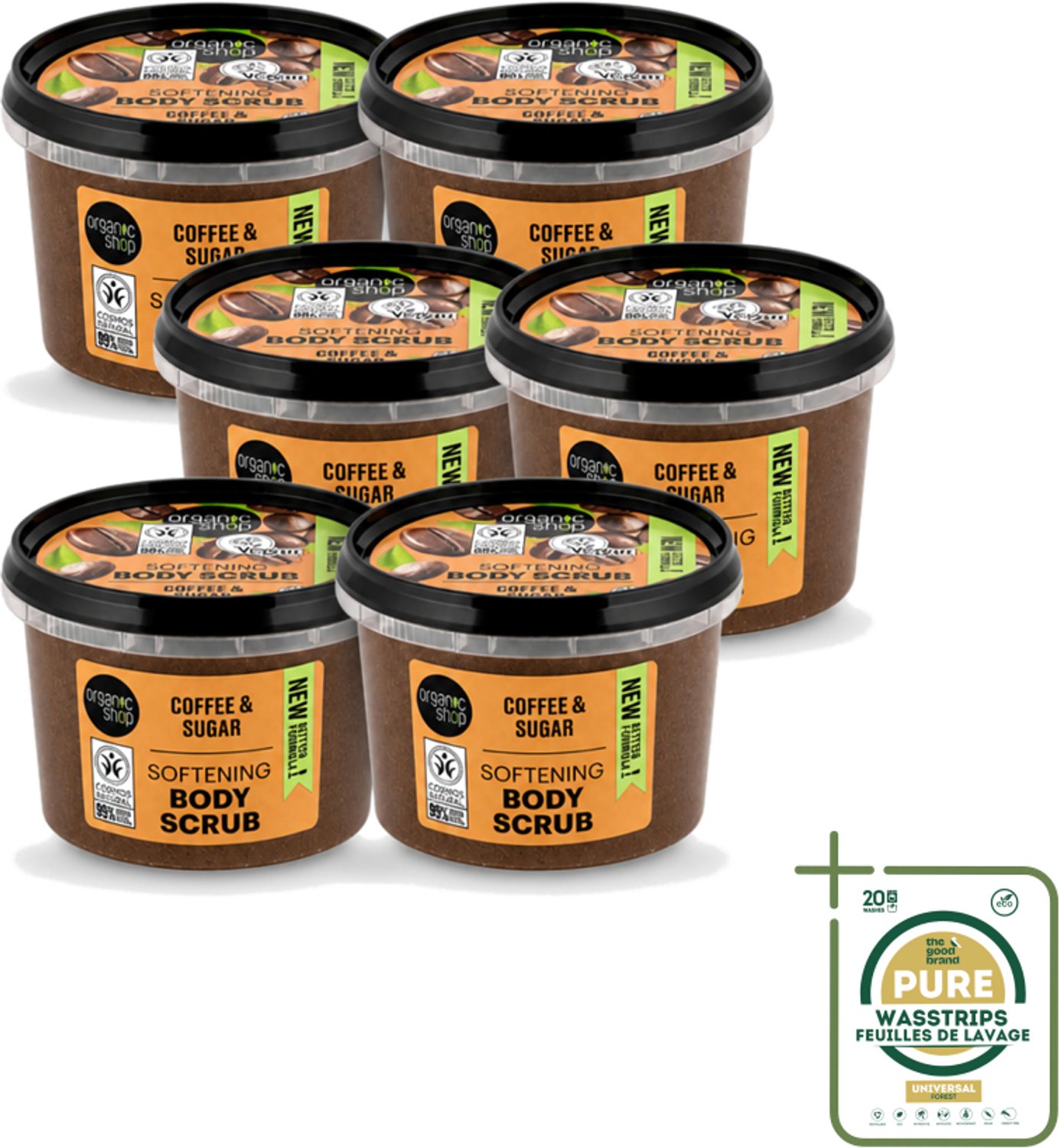 6 x Organic Shop - Organic Coffee & Sugar Body Scrub - Hydraterend en Peeling - 250 ml - Wasstrips - Organische Bodyscrub - Koffieolie - Suiker Peeling - Huid Verzorging - Exfoliërende Scrub