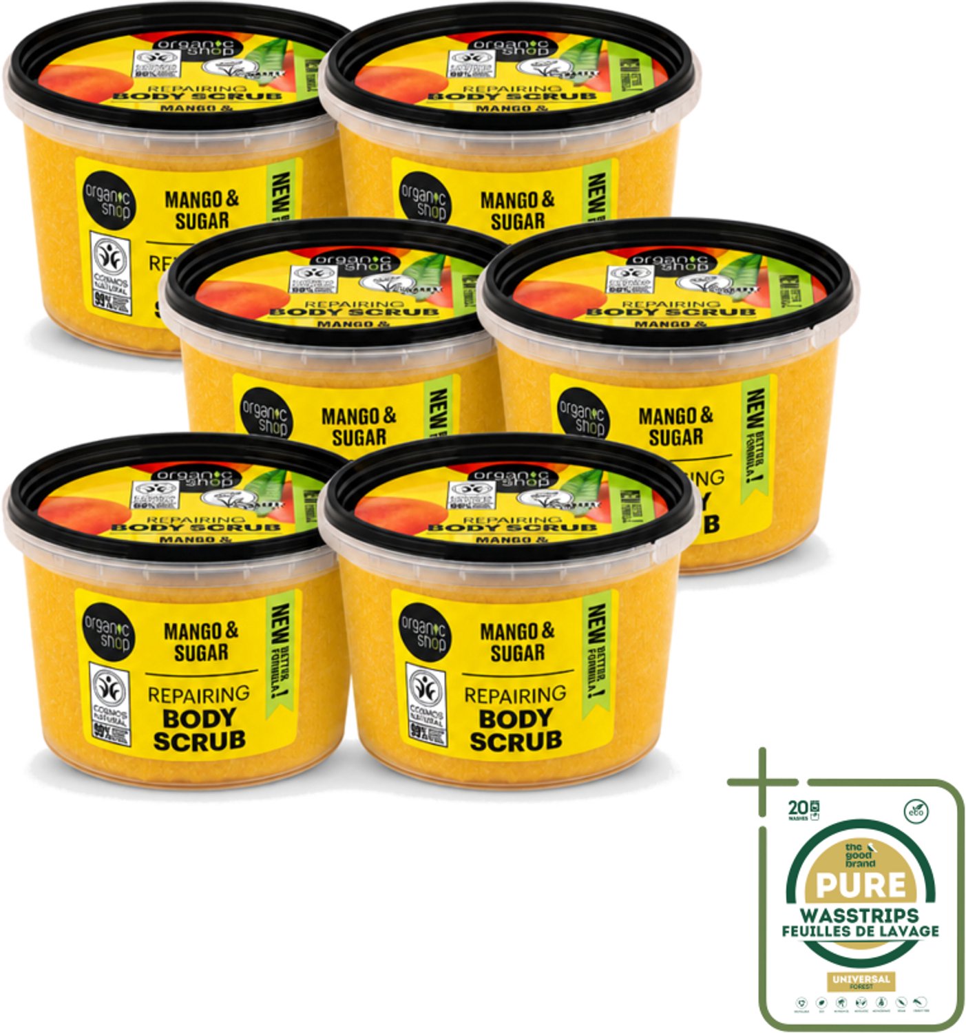 6 x Organic Shop - Organic Mango & Sugar Body Scrub - Peeling en Geur - 250 ml - Wasstrips - Organische Mango Scrub - Exfoliatie Huid - Suikerscrub - Huidvernieuwing - Biologische Mango