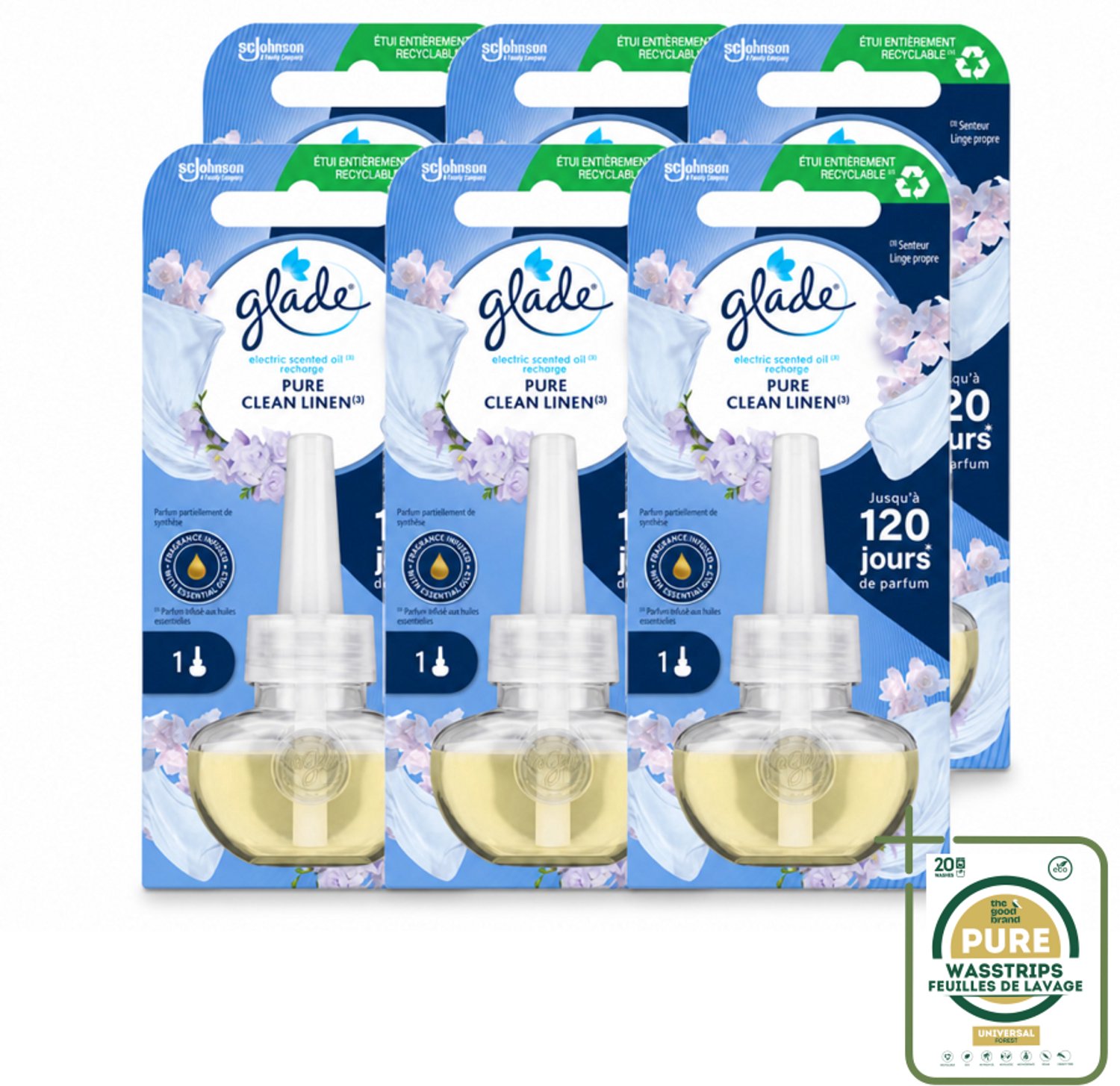 6 x Glade - Navulling Elektrische Olie - Pure Clean Linen - Zonder Houder - Wasstrips - Luchtverfrisser - Geur - Fris - Essentiële Oliën - Geurafgifte
