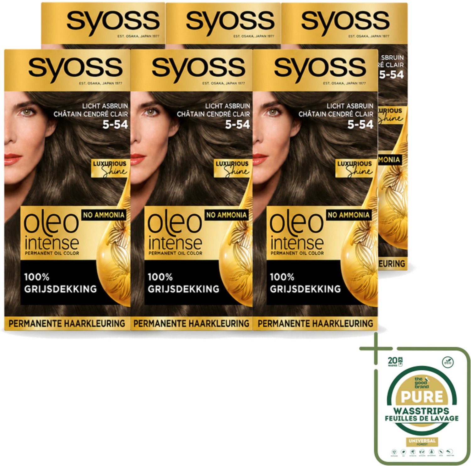 6 x SYOSS - Oleo Intense 5-54 Licht As Bruin - Haarverf - Zonder Ammoniak - Grijsdekking - Langdurige Kleur - Wasstrips - Haarverf - Haarkleur - Haarkleuringsproduct - Haarverf Zonder Ammoniak - Grijsdekking