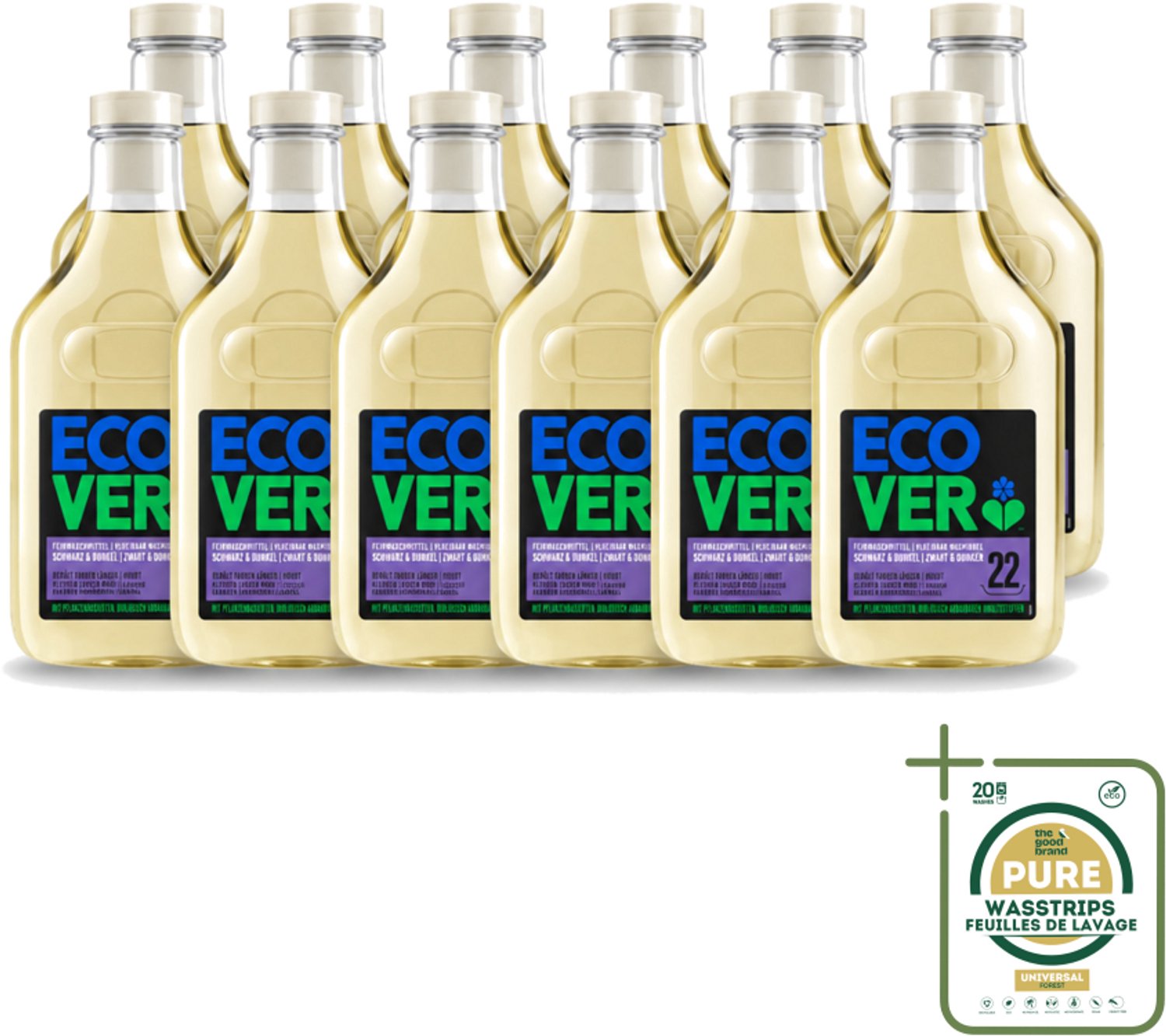 12 x Ecover - Vloeibaar wasmiddel - Zwart & Donker - 1 liter - 22 wasbeurten - Wasstrips - Donker Wasmiddel - Kleurbehoud - Donkere Stoffen - Kleuroverdracht Voorkomen - Ecologisch Wasmiddel