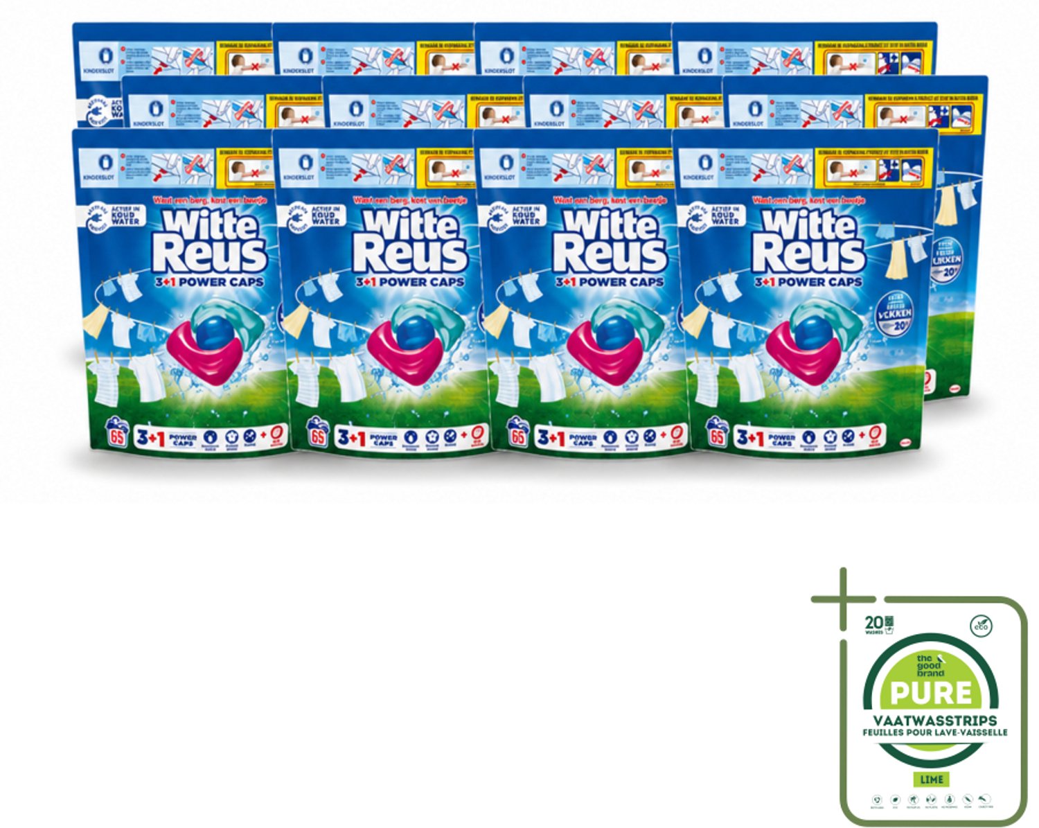 12 x Witte Reus - 3+1 Power Caps - Witte Was - 65 Wasbeurten - Grootverpakking - Vaatwasstrips - Witte Reus Power Caps - Wascapsules - Reiniging - Frisheid - Vlekverwijdering