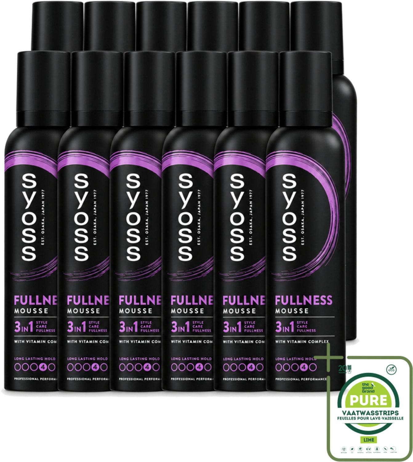 12 x Syoss - Fullness - Haarmousse - Lichtgewicht Volume - 250 ml - Grootverpakking - Vaatwasstrips - Haarvolume - Haarmousse - Haarverzorging - Haarherstel - Vitaminecomplex