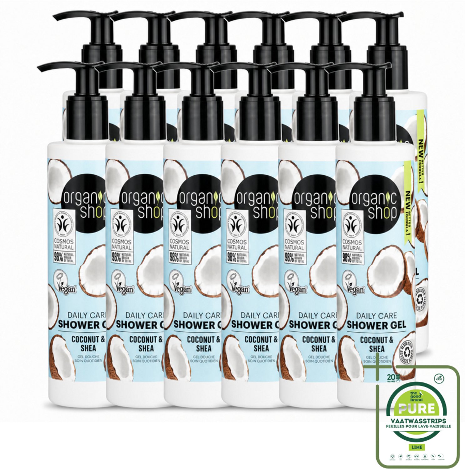 12 x Organic Shop - Daily Care Coconut & Shea Shower Gel - Hydratatie & Verzorging - 280 ml - Grootverpakking - Vaatwasstrips - Douchegel - Natuurlijke Douchegel - Hydraterende Douchegel - Biologische Douchegel - Tangerine Douchegel