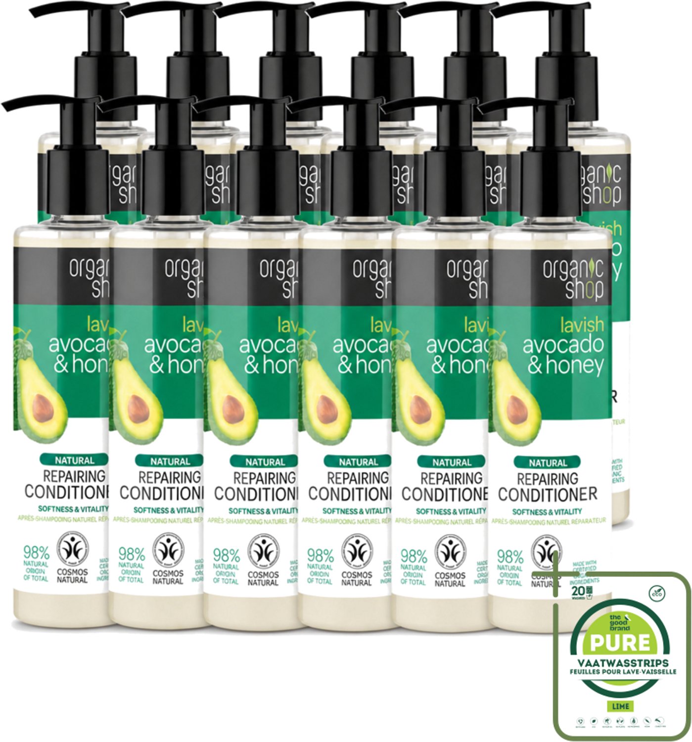 12 x Organic Shop - Natural Repairing Conditioner - Avocado & Honey - 280 ml - Grootverpakking - Vaatwasstrips - Herstel Haar - Natuurlijke Conditioner - Avocado En Honing - Droog Haar - Beschadigd Haar