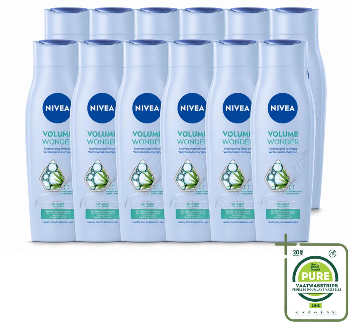 12 x NIVEA - Shampoo - Volumeverzorging - Versterkend - Gezonde Zorg - 250 ml - Grootverpakking - Vaatwasstrips - Haarvolume - Haarkracht - Haarkleur - Haartype - Haartoon