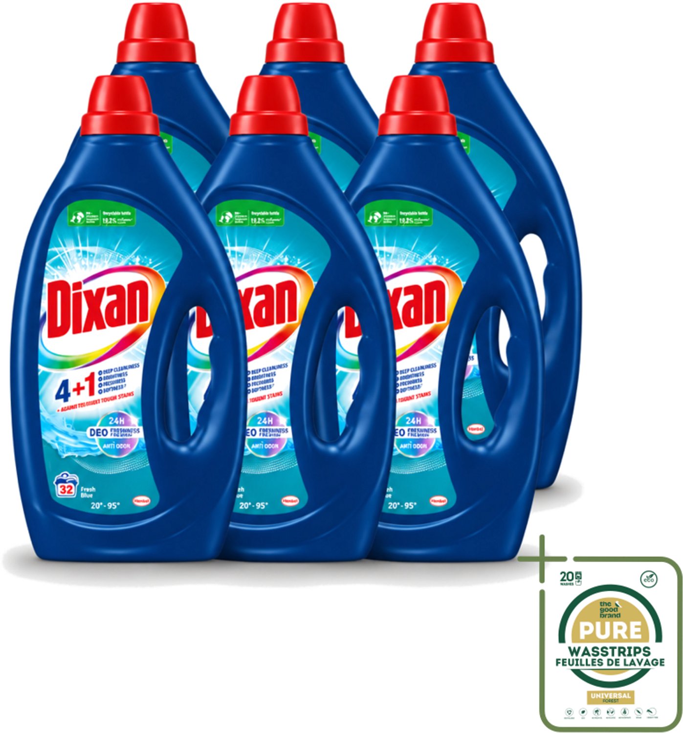 6 x Dixan - Vloeibaar wasmiddel - Fresh Blue - 32 wasbeurten - Wasstrips - Wasmiddel - Frisheid - Vlekverwijdering - Anti-geur - Wasbeurt