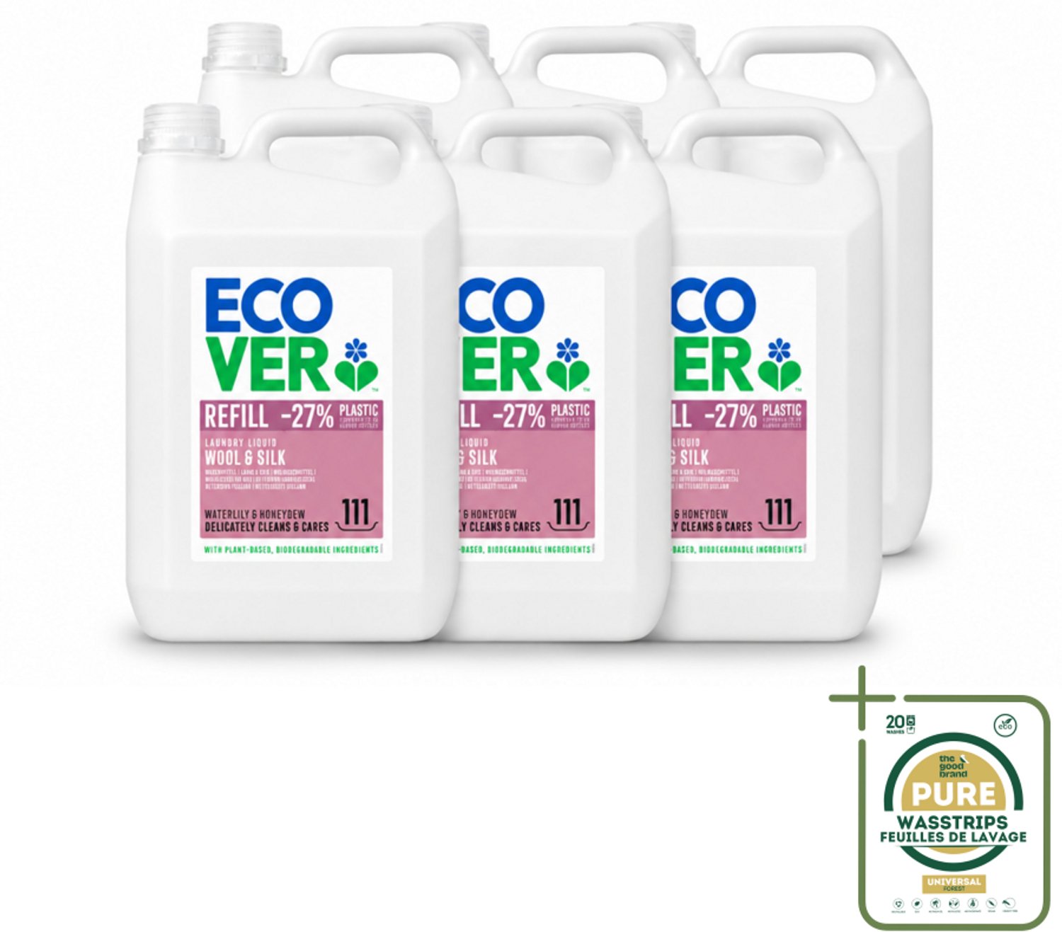 6 x Ecover - Vloeibaar wasmiddel - Wol & Fijnwas - Waterlelie & Honingmeloen - 5 liter - 111 wasbeurten - Wasstrips - Wasmiddel Wol - Fijnwas - Zachte Wasmiddel - Delicate Stoffen - Waterlelie Geur