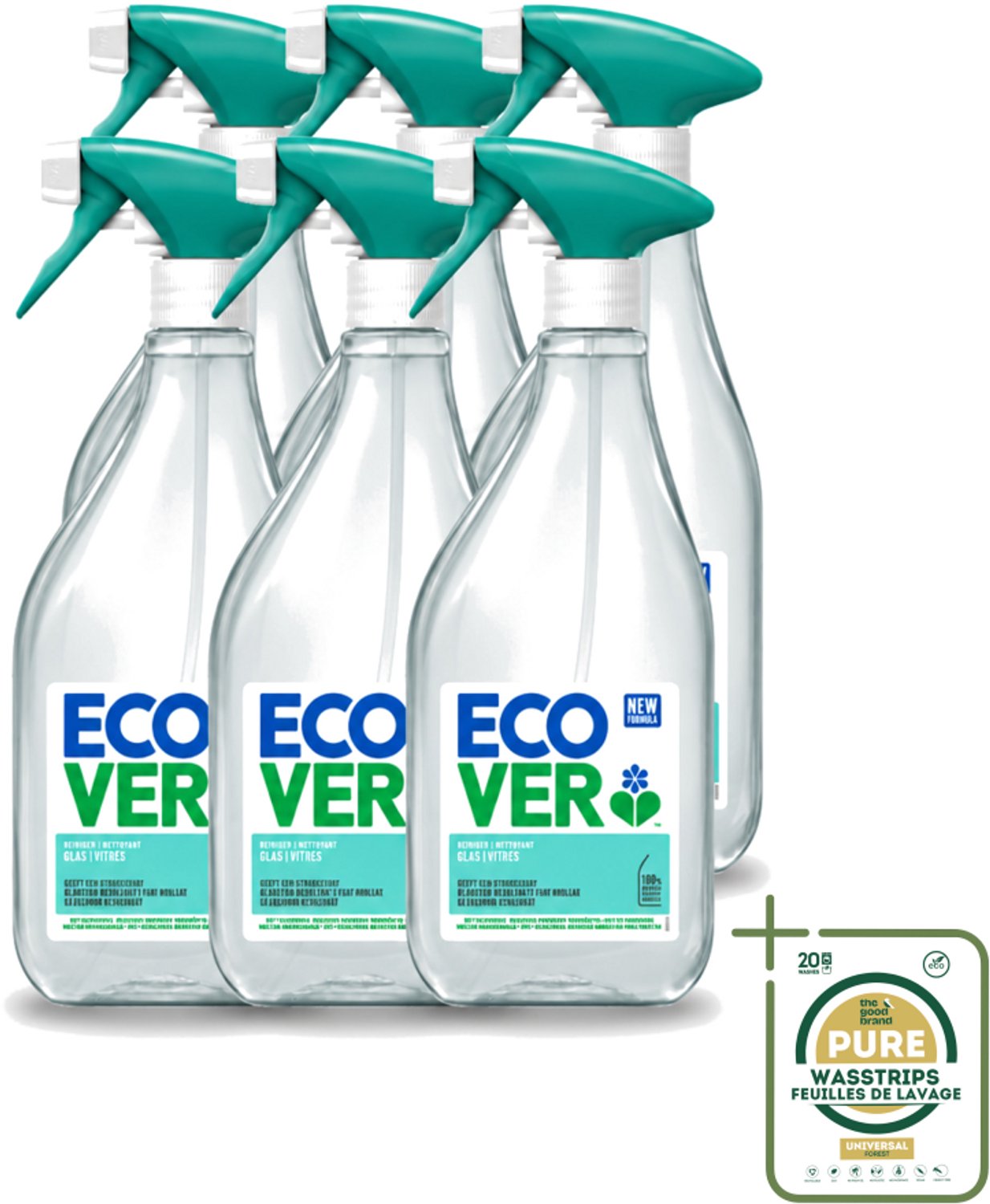 6 x Ecover - Glasreiniger Spray - 500 ml - Wasstrips - Glas Reinigen - Ruiten Reinigen - Spiegels Reinigen - Streepvrije Glans - Milieuvriendelijke Reiniger