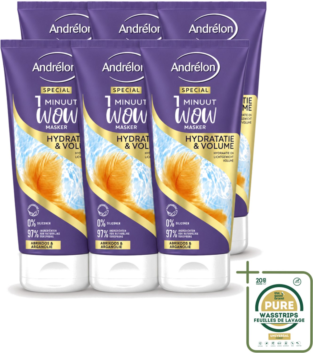 6 x Andrélon - WOW - 1 Minuut Masker - Hydratatie & Volume - 180 ml - Wasstrips - 1 Minuut Masker - Haarhydratatie - Haarvolume - Fijn Haar Verzorging - Luchtig Haar