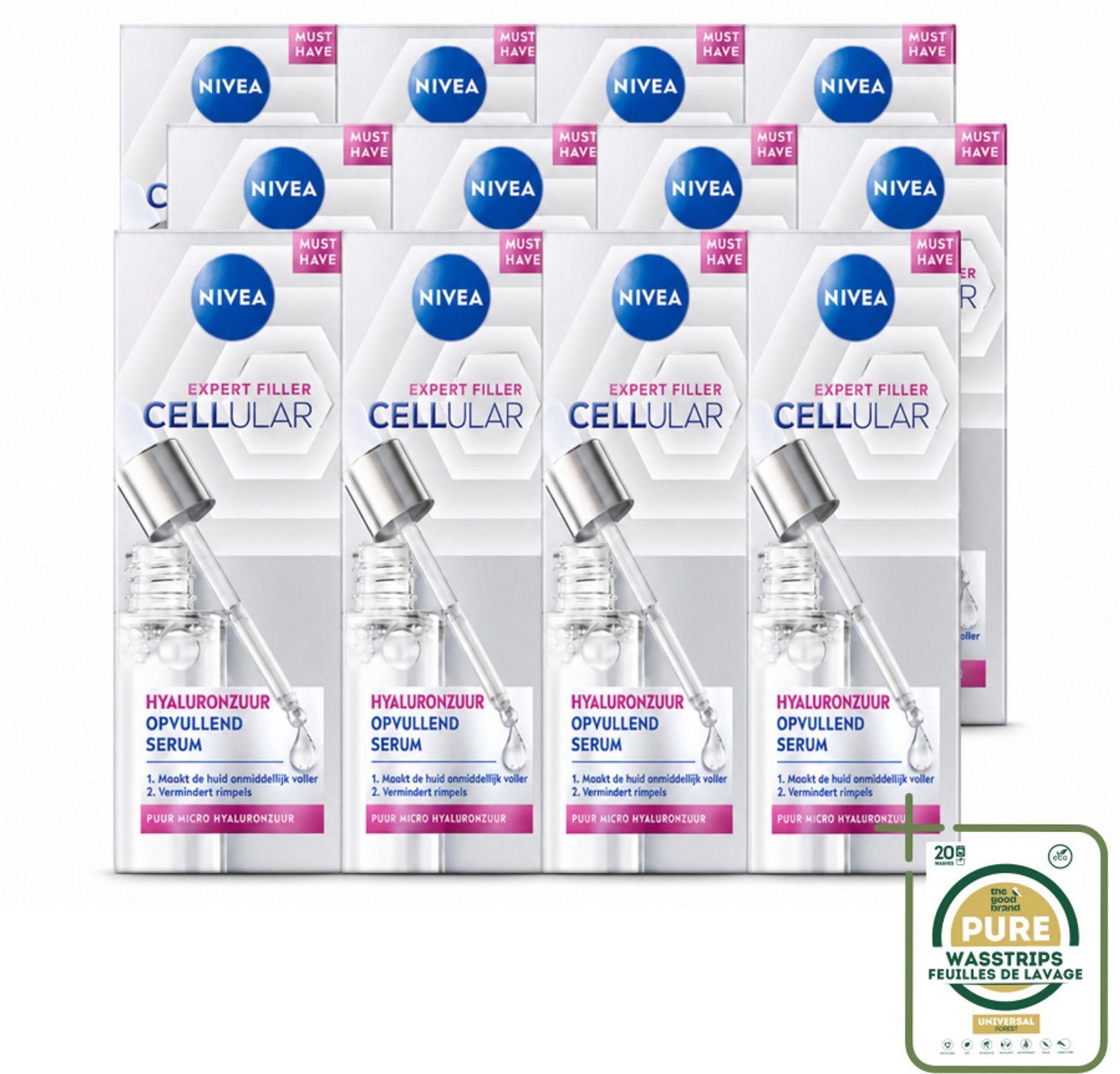 12 x Nivea - Cellular - Expert Filler Hyaluronzuur Serum - Rimpelvullend en Hydraterend - 30 ml - Wasstrips - Hyaluronzuur Serum - Rimpelvullend Serum - Hydraterend Serum - Huidverjonging - Huidverzorging