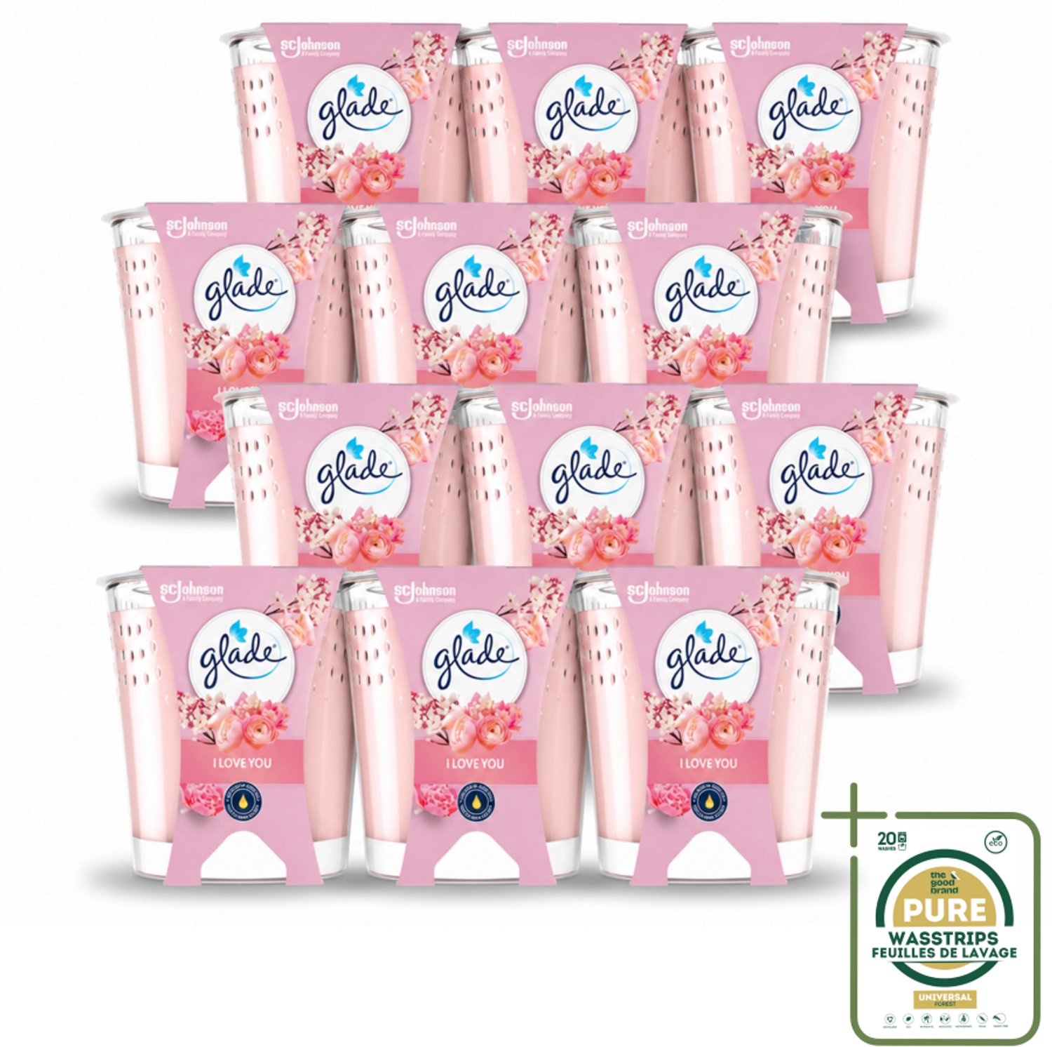 12 x Glade - Geurkaars I Love You - 100% Raapzaadwas & Vegan - 112 g - Wasstrips - Geurkaars - Vegan - Duurzaam - Bloemige Geur - I Love You