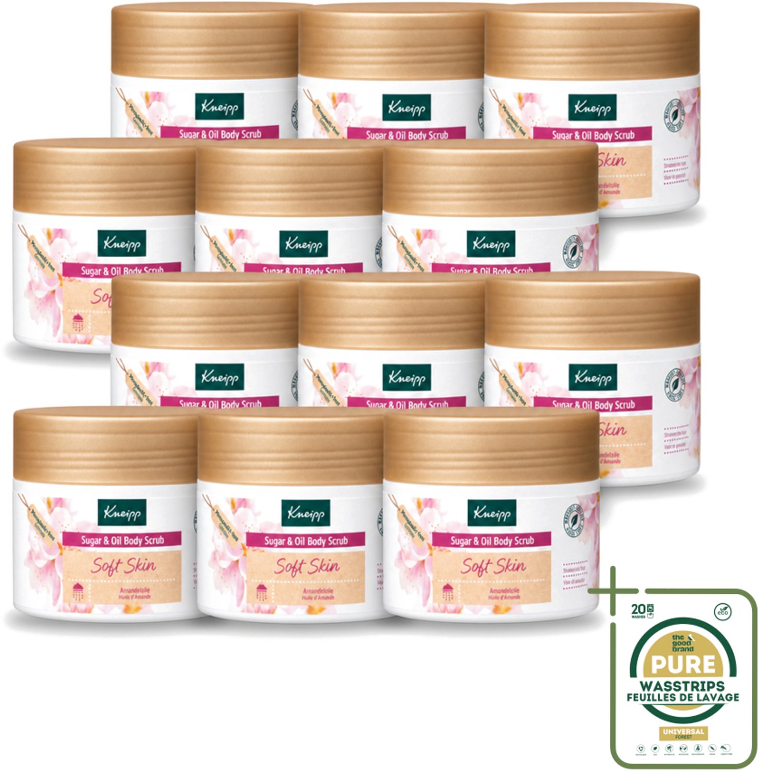 12 x Kneipp - Body scrub - Sugar & Oil - Soft Skin - Voor droge en gevoelige huid - 220 g - Wasstrips - Huidverzorging - Huidpeel - Suikerpeel - Amandelolie - Droge Huid