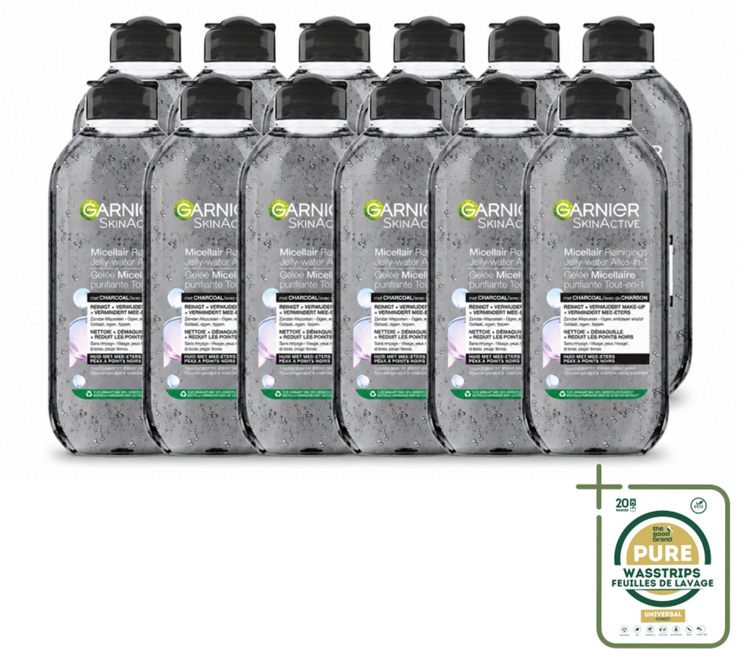 12 x Garnier - SkinActive - Micellair Jelly-water - Alles-in-1 - Charcoal - 400 ml - Wasstrips - Huid Reinigen - Make-up Verwijderen - Houtskool - Salicylzuur - Micellair Water