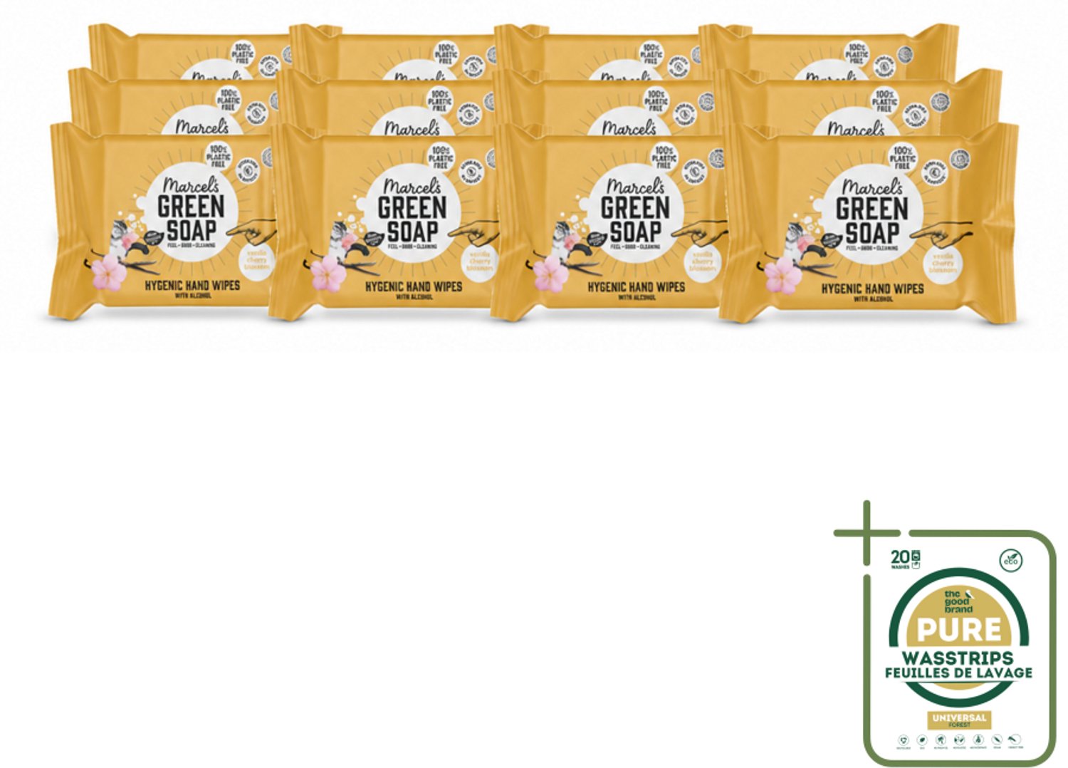 12 x Marcel's Green Soap - Hand doekjes - Vanille & Cherry Blossom - Mild & handig - 15 Doekjes - Wasstrips - Handdoekjes - Handdoek - Handdoekje - Handdoekje Vanille En Kersenbloesem - Handdoekje Voor Handen