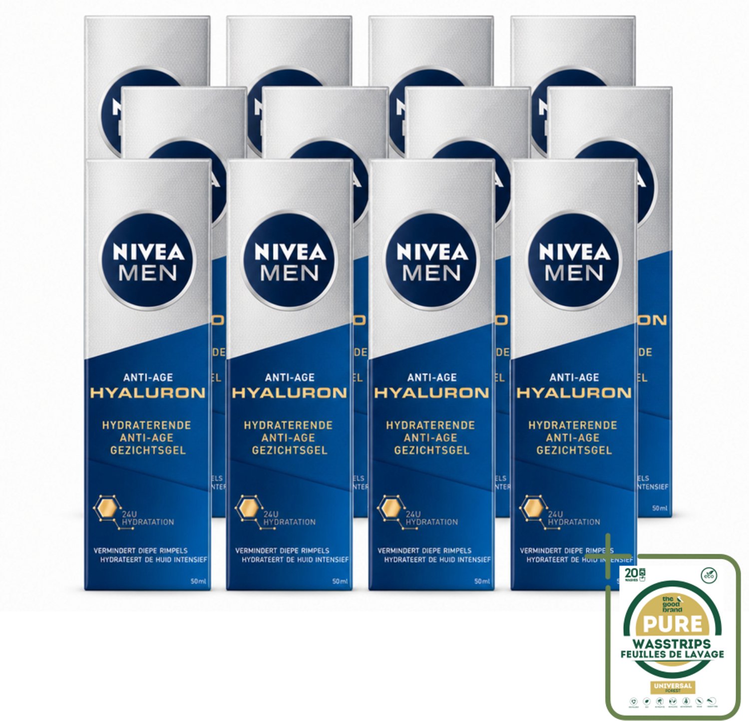12 x NIVEA MEN - Anti-Age - Hydraterende Gezichtsgel met Hyaluron - 50 ml - Wasstrips - Anti-ouderdom - Gezichtsgel - Hyaluronzuur - Hydratatie - Huidverzorging