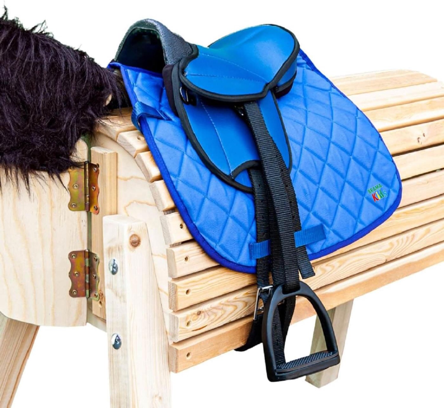 Brama West Houten paard zadelset "My Happy Pony" | zadel voor Shetty Pony houten paard pluche paard | met zadeldeken, zadelriem, stijgbeugel & stijgbeugel riem - blauw