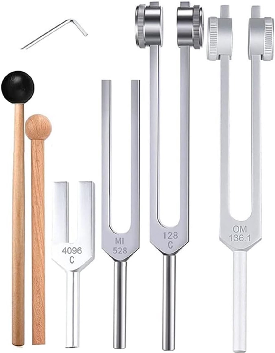 Stemvork Set - Set van 4 stemvorken - 128 Hz, 136,1 Hz, MI 528 Hz, 4096 Hz - voor muziektherapie, geluidstherapie, chakra-therapie, anti-stress