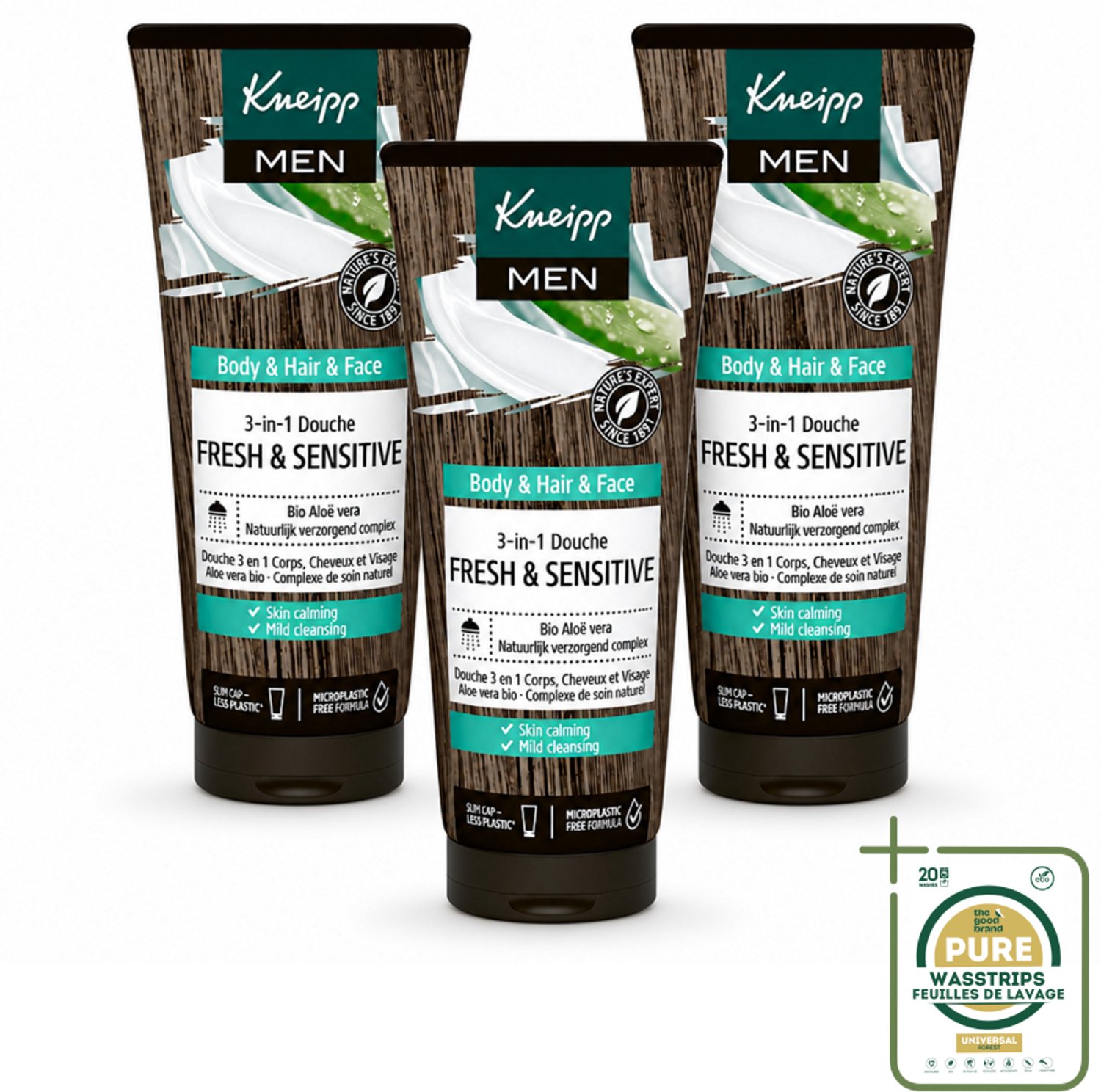 3 x Kneipp - Shampoo & Douche - Men - Fresh & Sensitive - Voor gevoelige en droge huid - 200 ml - Wasstrips - Douchegel Voor Mannen - Gevoelige Huid - Gezicht En Haar Verzorging - 3-in-1 Douchegel - Natuurlijke Douchegel