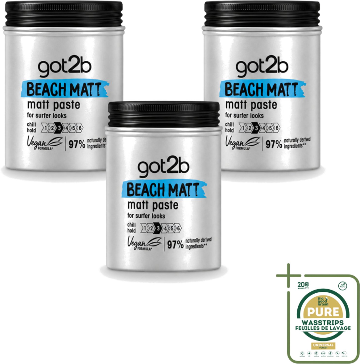 3 x Got2B - Styling Paste - Beach Matt - 100 ml - Wasstrips - Beach Look - Matte Styling Paste - Surfer Look - Natuurlijke Styling Paste - Vegan Styling Paste
