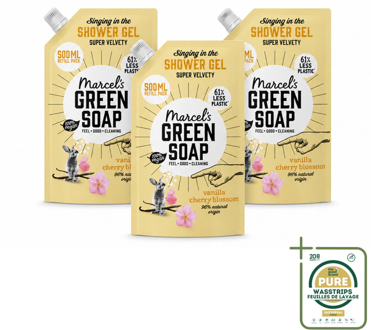 3 x Marcel's Green Soap - Shower Gel - Navulling - Vanille & Kersenbloesem - Krachtige werking - 500 ml - Wasstrips - Douchegel - Natuurlijke Douchegel - Ecologische Douchegel - Vegan Douchegel - Biologisch Afbreekbaar