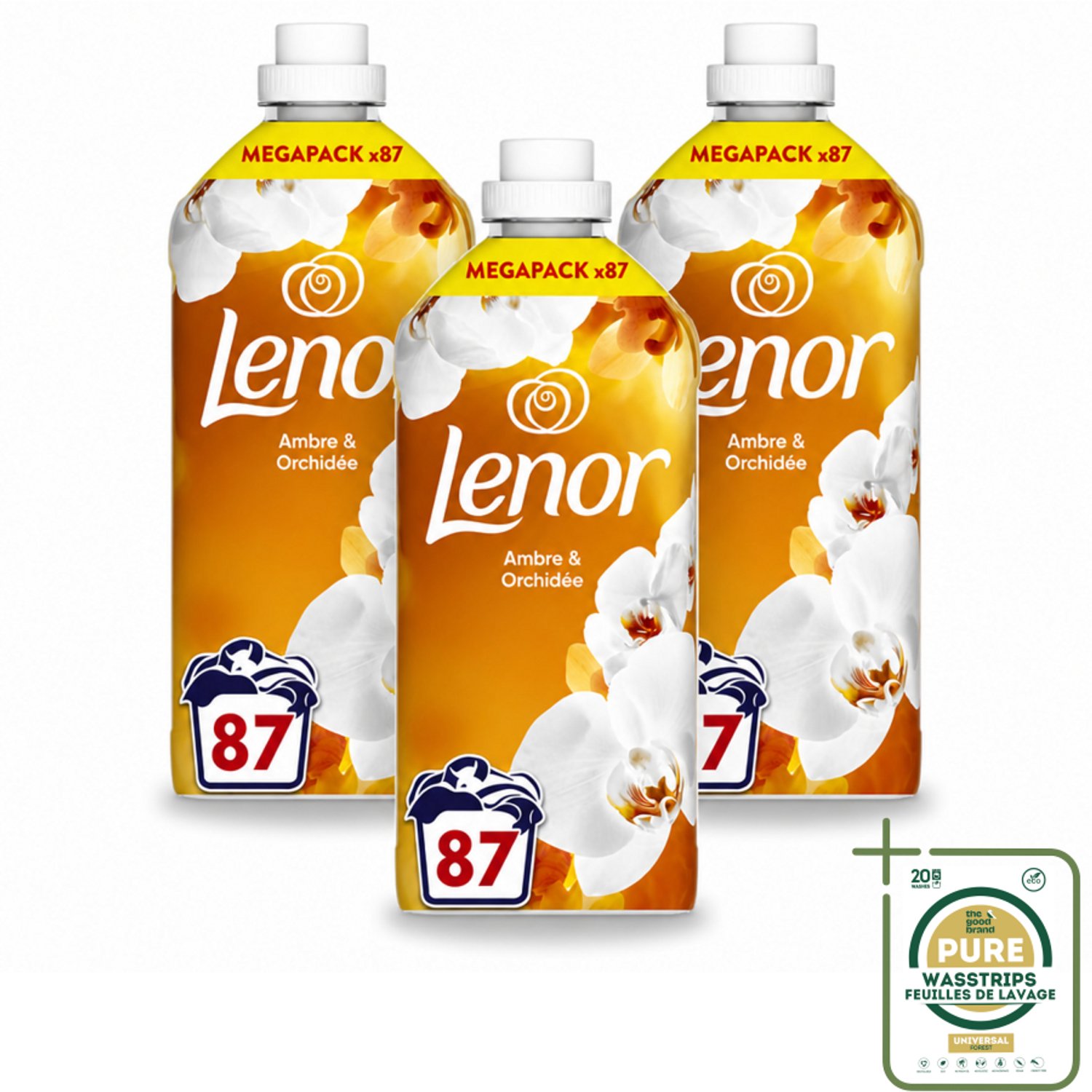 3 x Lenor - Wasverzachter - Amber & Orchidee - Fris & Zacht - 87 Wasbeurten - Wasstrips - Wasverzachter - Fris - Ontspannen - Geur - Wasgeur