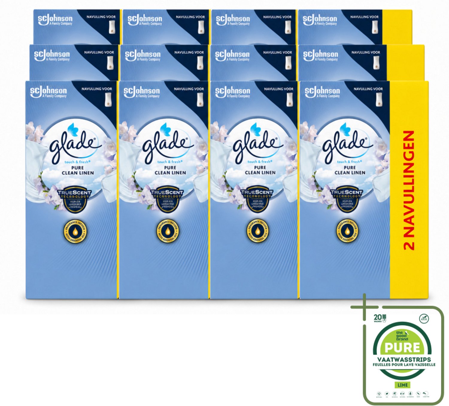 12 x Glade - Touch & Fresh Navulling - Pure Clean Linen - 2 × 10 ml - Grootverpakking - Vaatwasstrips - Navulling - Geur - Frisheid - Linen - Bloemige Geur