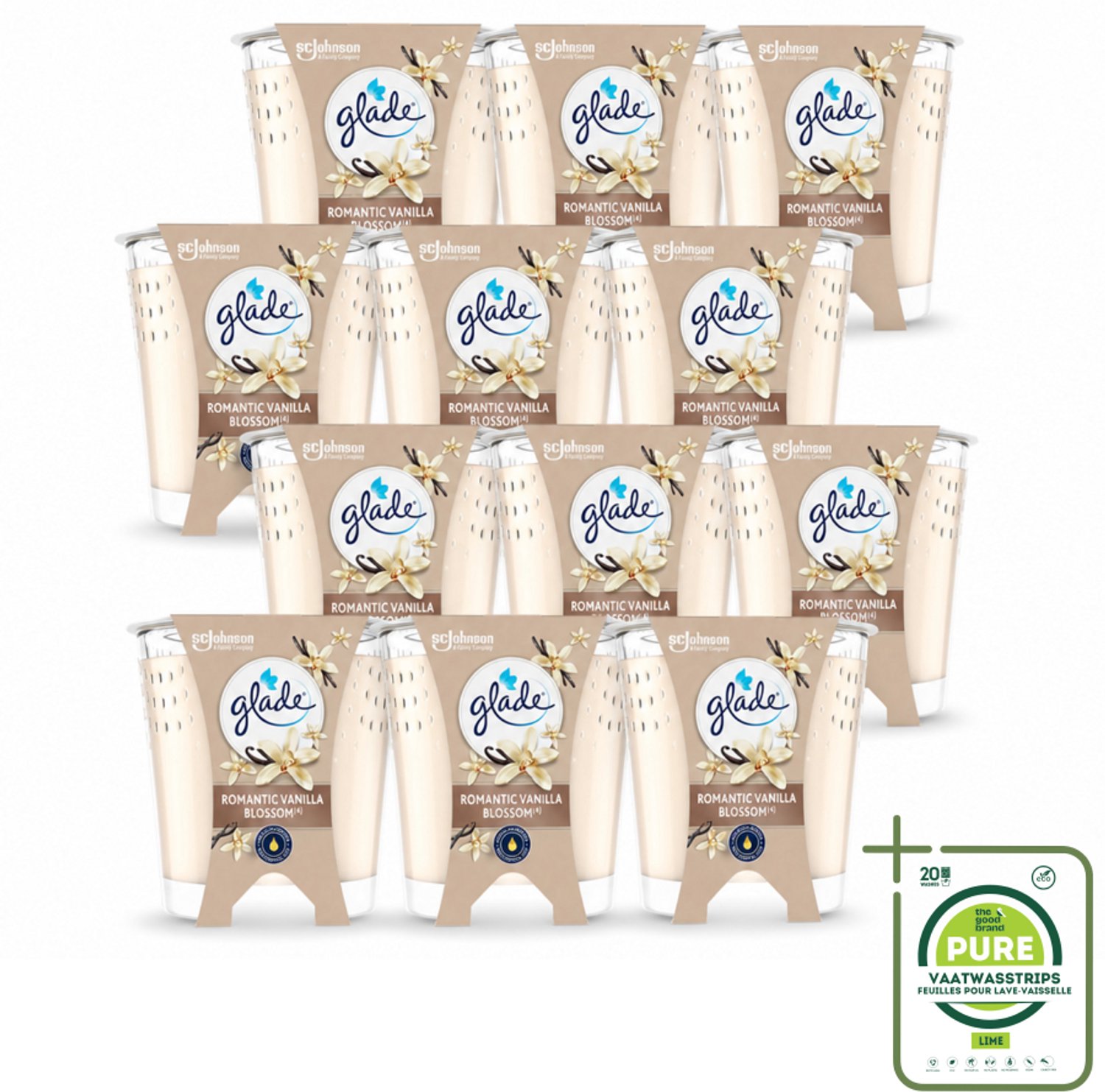 12 x Glade - Geurkaars Romantic Vanillebloesem - 100% Raapzaadwas & Vegan - 112 g - Grootverpakking - Vaatwasstrips - Romantische Kaars - Geurkaars - Vegan Kaars - Warme Geur - Amber Geur