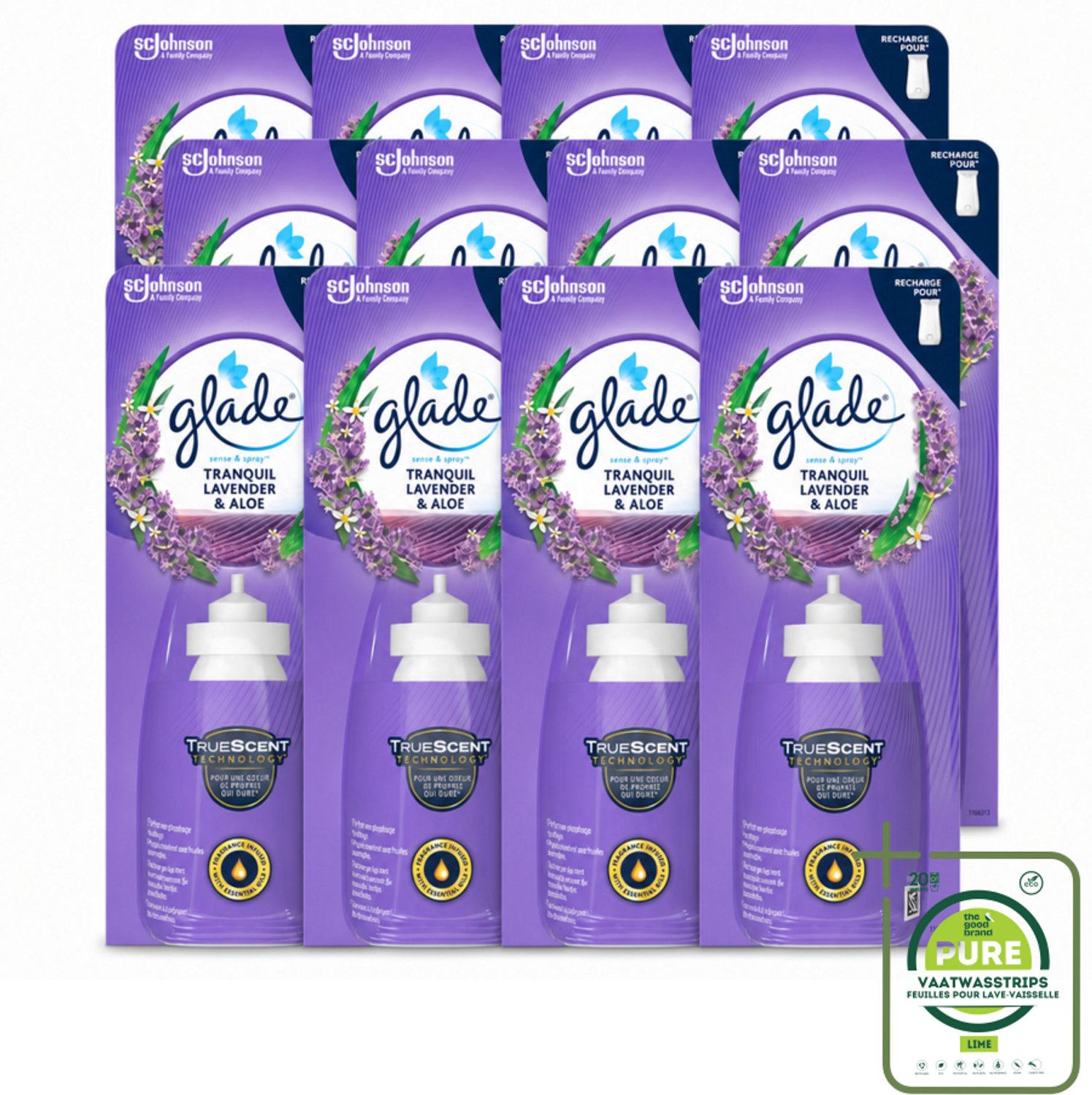 12 x Glade - Sense & Spray Navulling - Tranquil Lavender & Aloë - 18 ml - Grootverpakking - Vaatwasstrips - Geur - Rust - Frisheid - Automatische Geur - Bewegingssensor