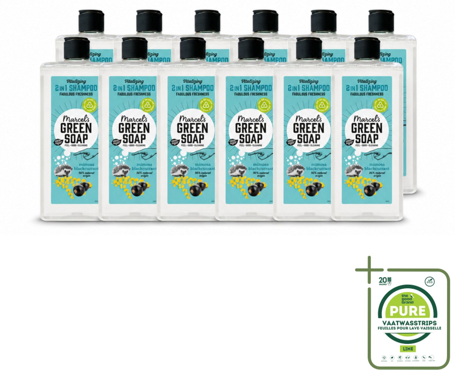 12 x Marcel's Green Soap - Shampoo & Conditioner 2-in-1 - Mimosa & Black Currant - Verzorging in één - 300 ml - Grootverpakking - Haarverzorging - Natuurlijke Shampoo - Natuurlijke Conditioner - 2 In 1 Shampoo Conditioner - Mimosa En Zwarte Bes