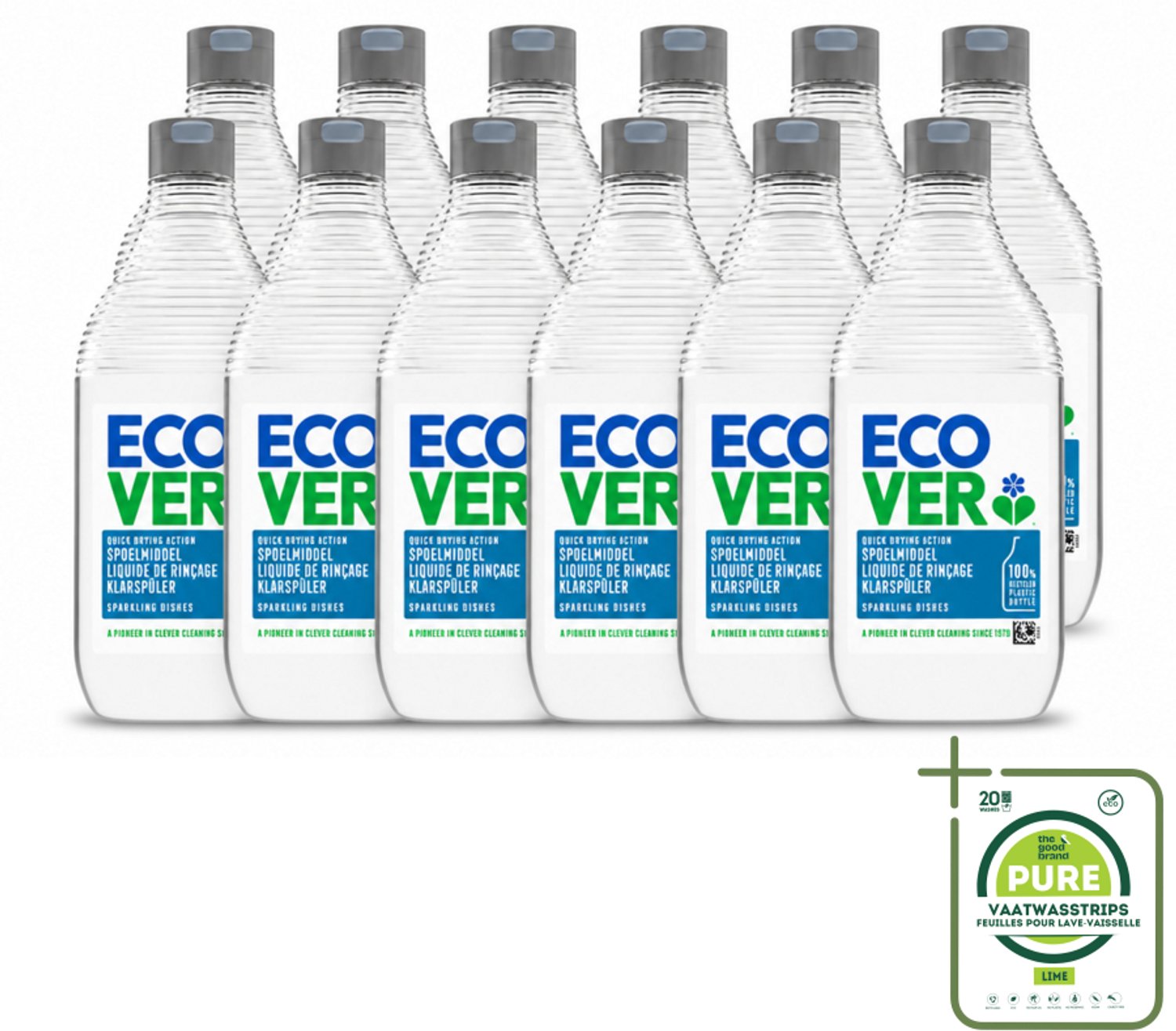 12 x Ecover - Spoelmiddel - 450 ml - Grootverpakking - Vaatwasstrips - Spoelmiddel - Vaatwas - Glanzende Vaat - Streepvrij - Kalkaanslag