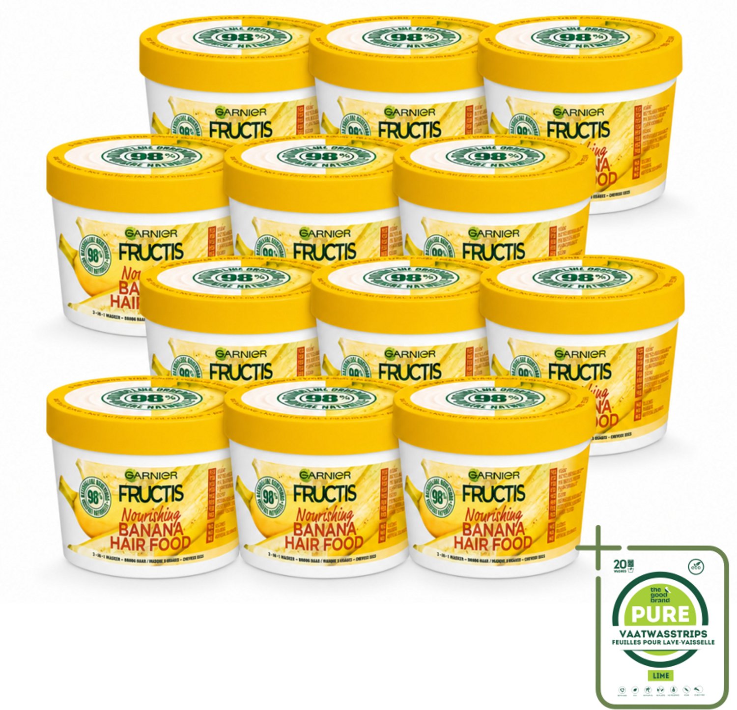 12 x Garnier - Fructis Hair Food Banana - 3-in-1 Haarmasker - Voedend - Droog Haar - 400 ml - Grootverpakking - Vaatwasstrips - Haarmasker Kokosmelk - Haarmasker Macadamia - Haarmasker Normaal Haar - Haarmasker Droog Haar - Haarmasker 97% Natuurlijk
