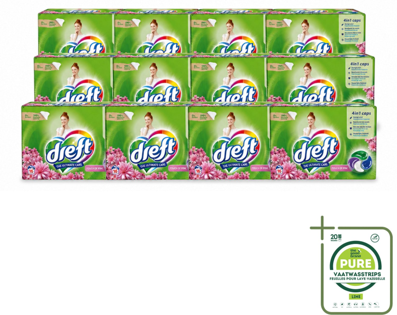 12 x Dreft - Wasmiddelcapsules - Touch of Pink - Geurige verzorging - 16 Wasbeurten - Grootverpakking - Vaatwasstrips - Wasmiddel - Wasmiddelcapsule - Plasticvrije Verpakking - Milieuvriendelijk - Kleurenbehoud