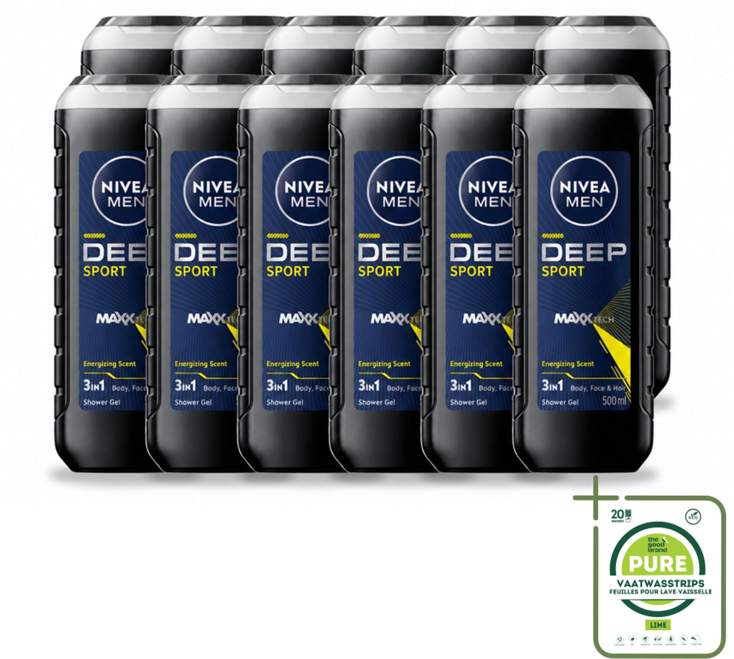 12 x NIVEA MEN - Douchegel - Deep Sport - 500 ml - Grootverpakking - Vaatwasstrips - Sportdouchegel - Mannelijke Douchegel - Diepe Reiniging - Zweet Verwijderen - Frisheid