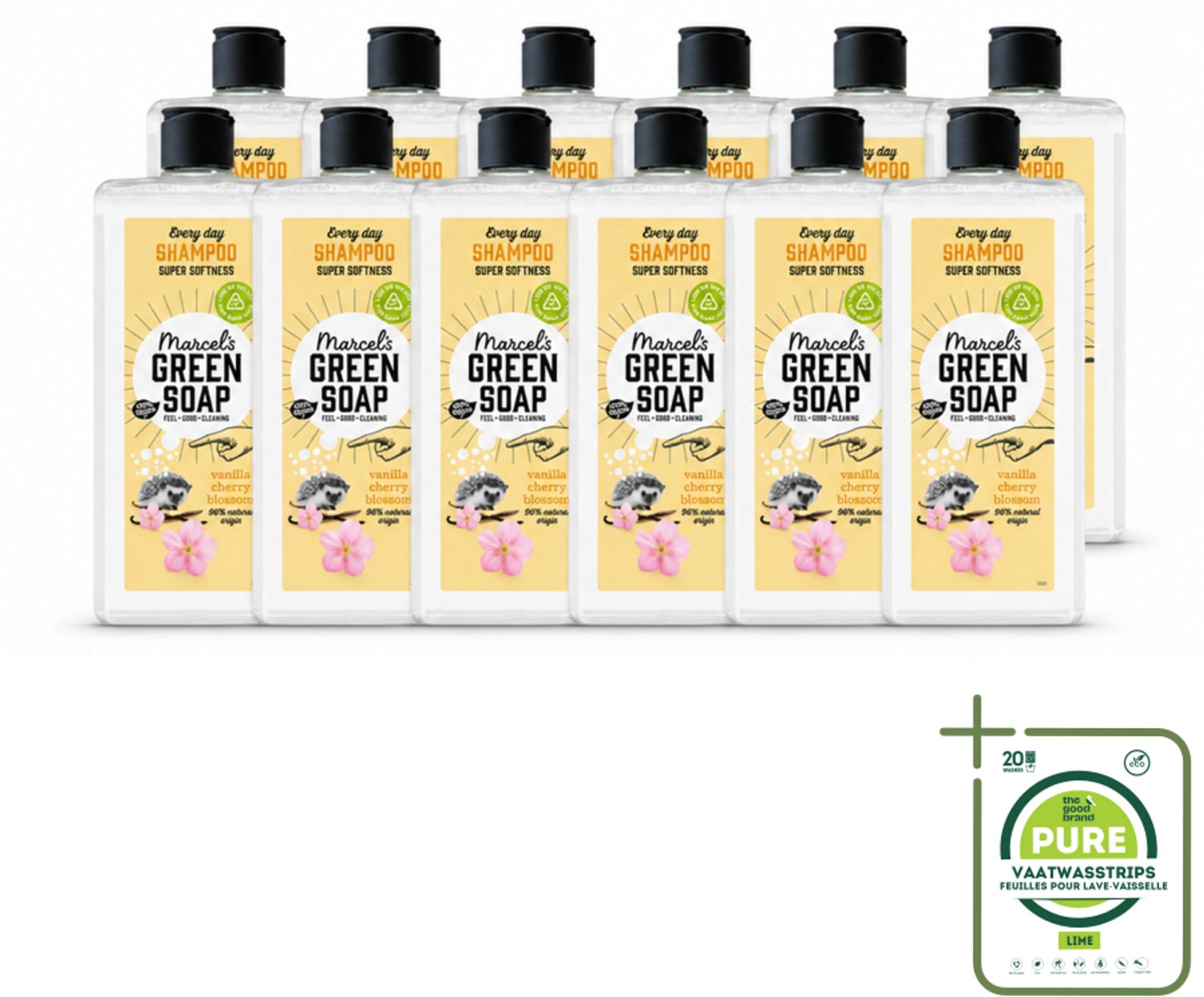 12 x Marcel's Green Soap - Every Day Shampoo - Vanilla & Cherry Blossom - Versterkt & verzorgt - 300 ml - Grootverpakking - Vaatwasstrips - Dagelijks Shampoo - Natuurlijke Shampoo - Haar Verzorgen - Haar Reinigen - Vanille En Kersenbloesem