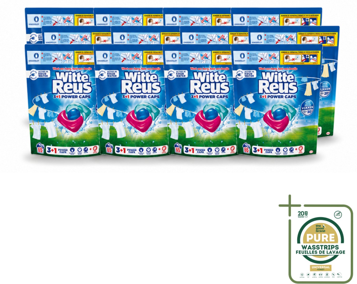 12 x Witte Reus - 3+1 Power Caps - Witte Was - 65 Wasbeurten - Wasstrips - Wasmiddel - Witte Reus - Power Caps - Wasresultaat - Vlekverwijdering