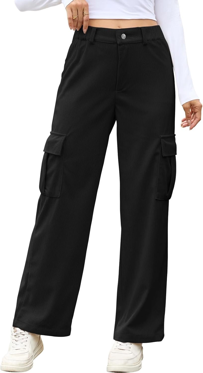 Damesbroek Corduroy broek Elastische hoge taille wijde pijpen broek met zijzakken